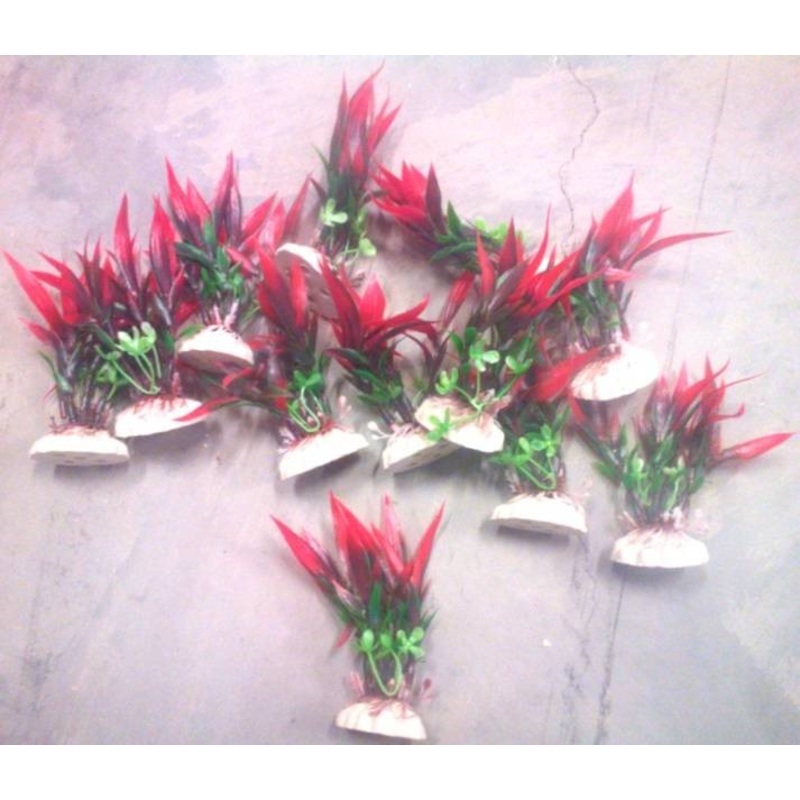 PLASTIC PLANT RED & GREEN LEAFS
