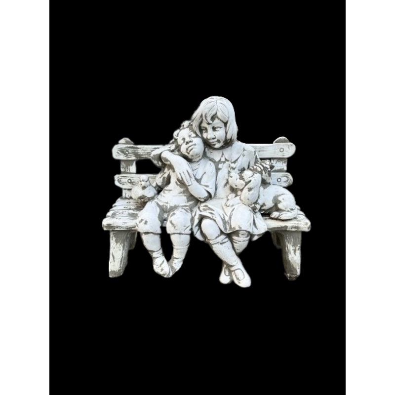 Boy & Girl with Dog & Bird On Bench