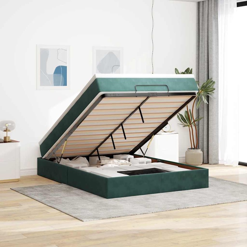 Cadre de lit ottoman avec matelas vert fonc 140x200 cm velours