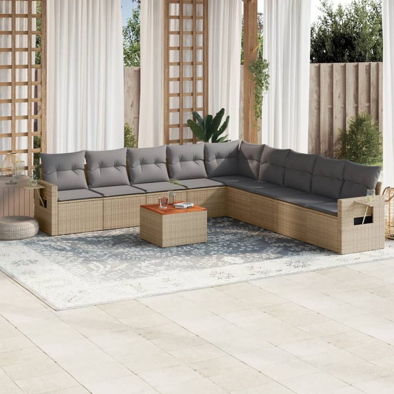 Salon de jardin avec coussins 10 pcs beige rsine tresse